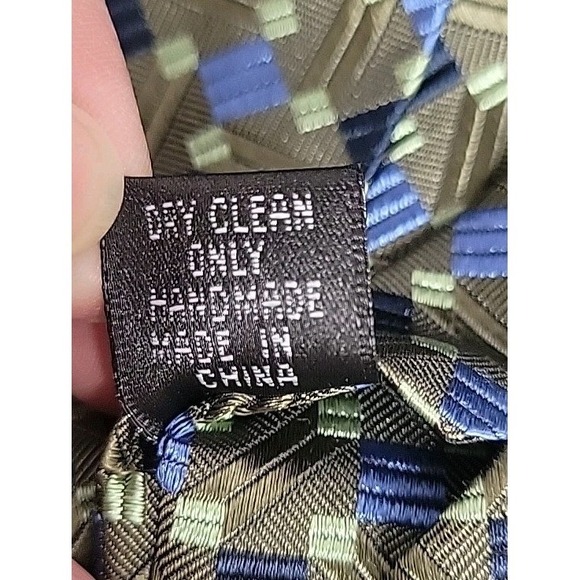 Renzo Men's 100% Silk Handmade Necktie Geometric Blue Navy Green EUC - Picture 8 of 8